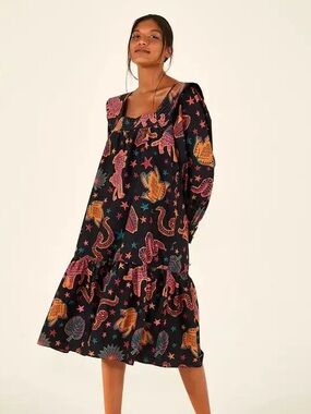 Farm Rio Black Animal Sky Midi Dress
